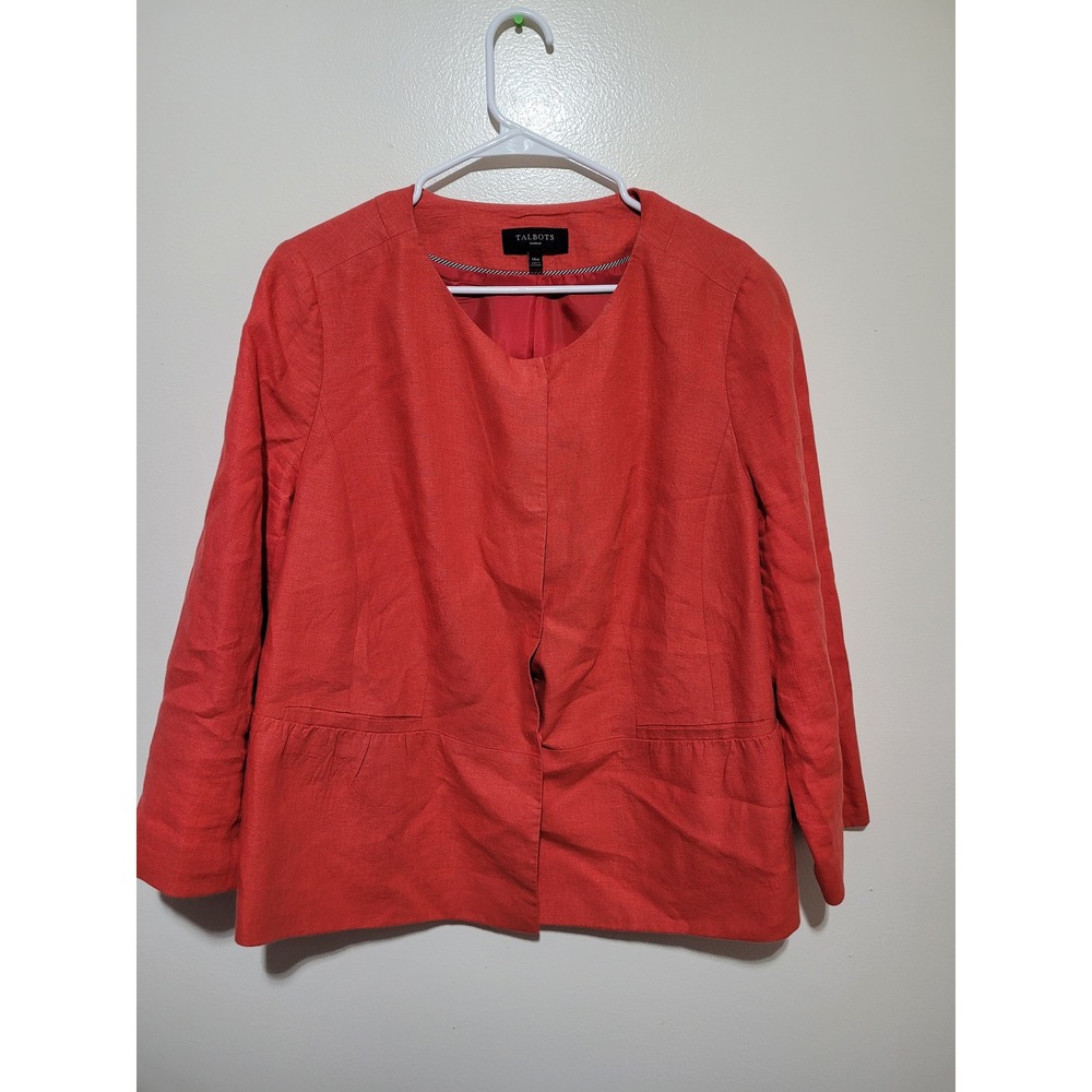 Talbots Blazer Women 14W Coral Red Good 100% Linen‎ Collarless Snap Front Jacket